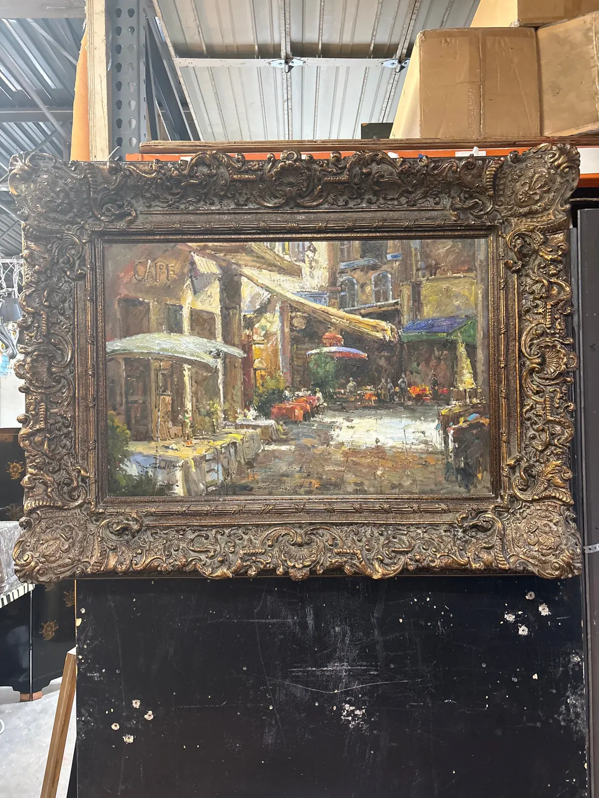 Ornate Gilt Framed Impressionist Oil Painting Of Market - Signed By Steve Winsky 1