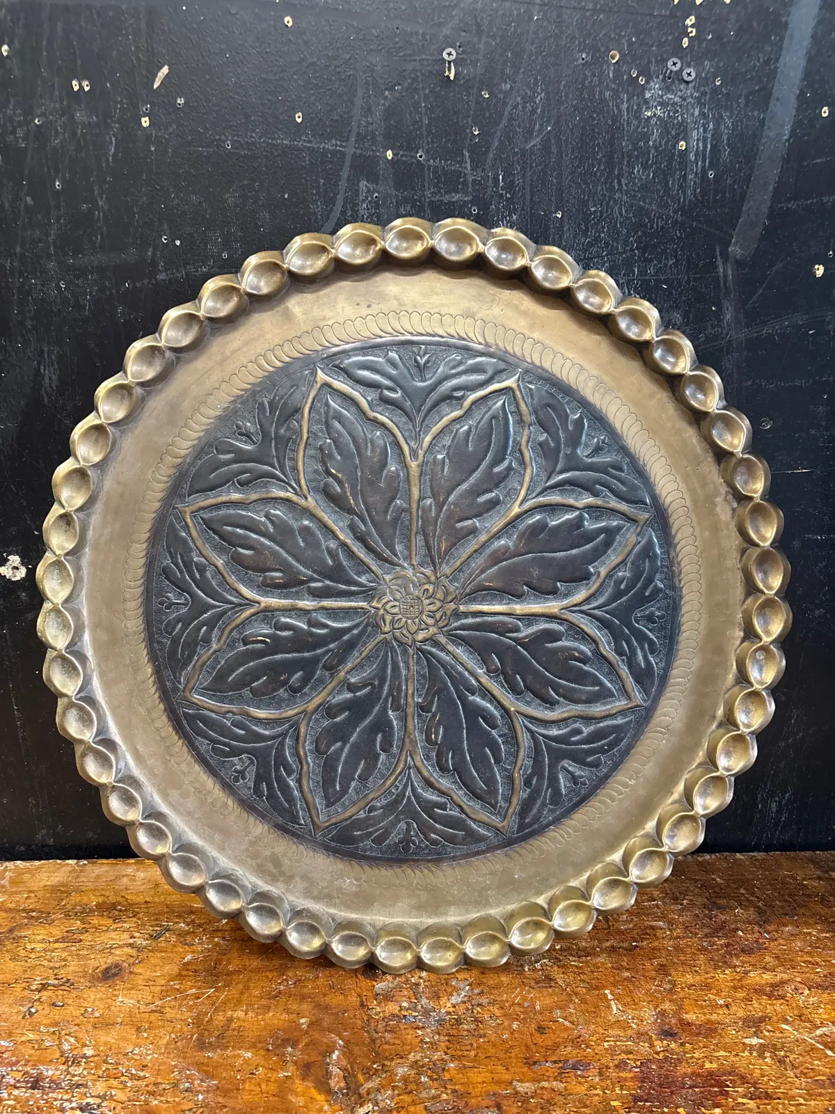 Large Vintage Brass Embossed Florette Tray 1