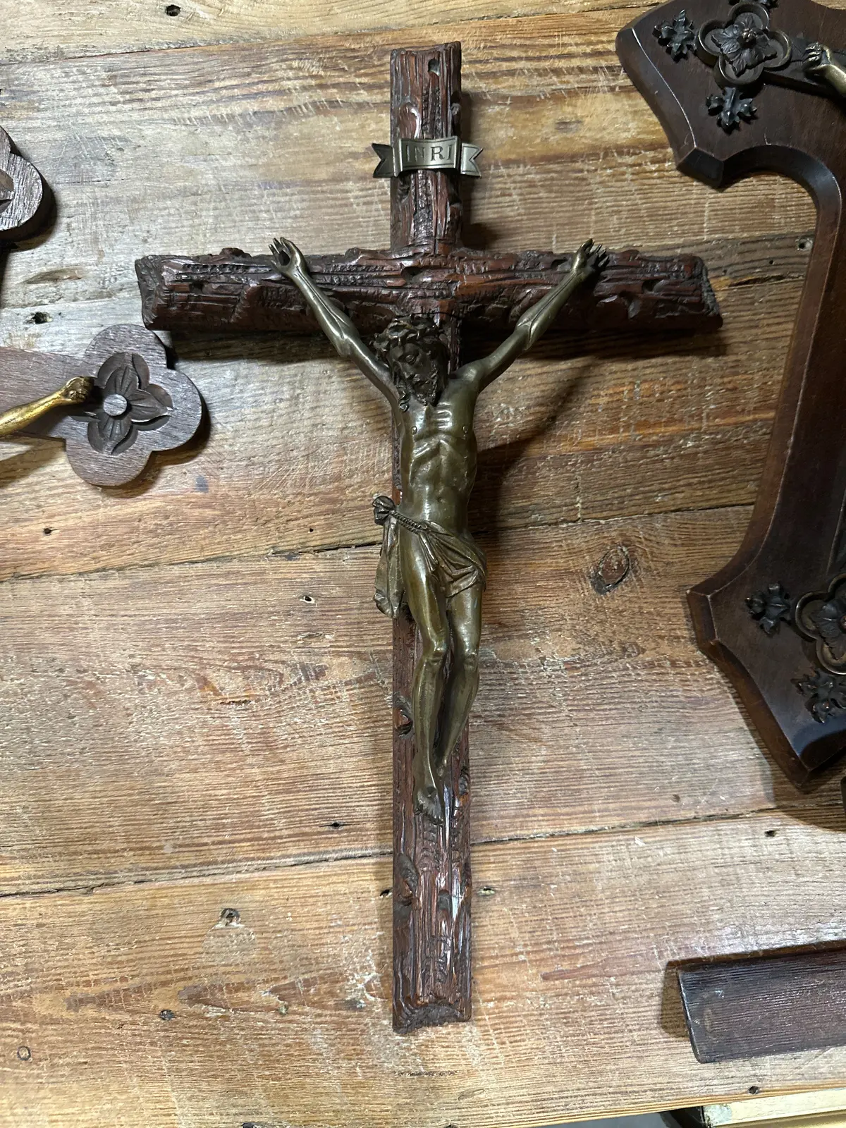 Carved Black Forest Crucifix With Bronze Corpus 1