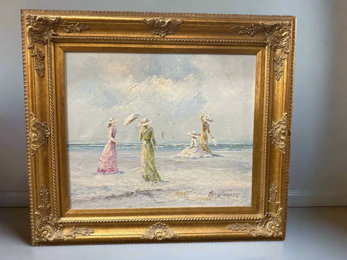 Large Gold Framed Pastel Painting Of Ladies At The Beach 1