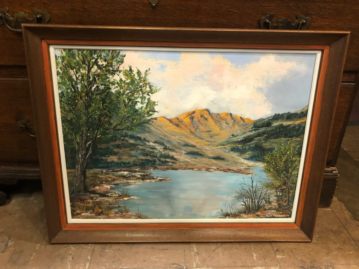 Framed Landscape Painting With Lake And Mountains 1