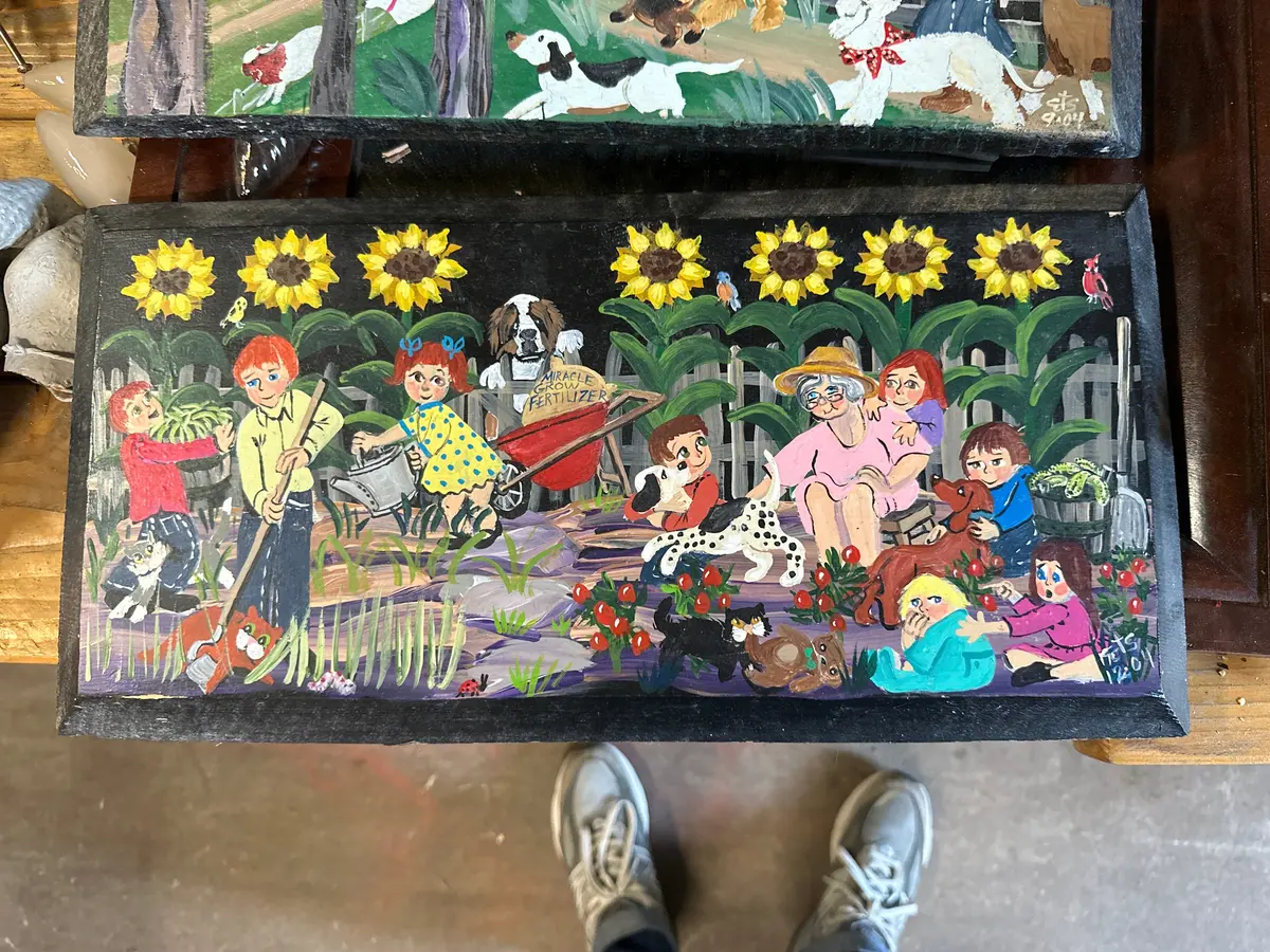 Painting On Board  Of Grandma With Dogs And Children 1
