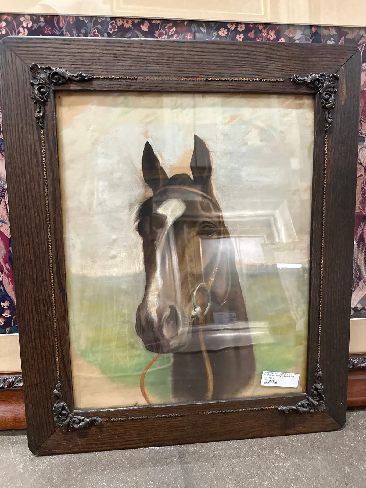 Beautiful Pastel Horse Portrait In Original Antique Oak Frame 1
