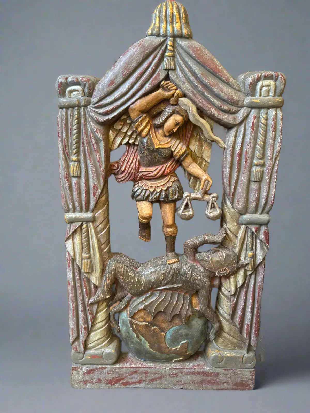 Large Carved Wood  Wall Hanging Of St. Michael Slaying The Dragon 1