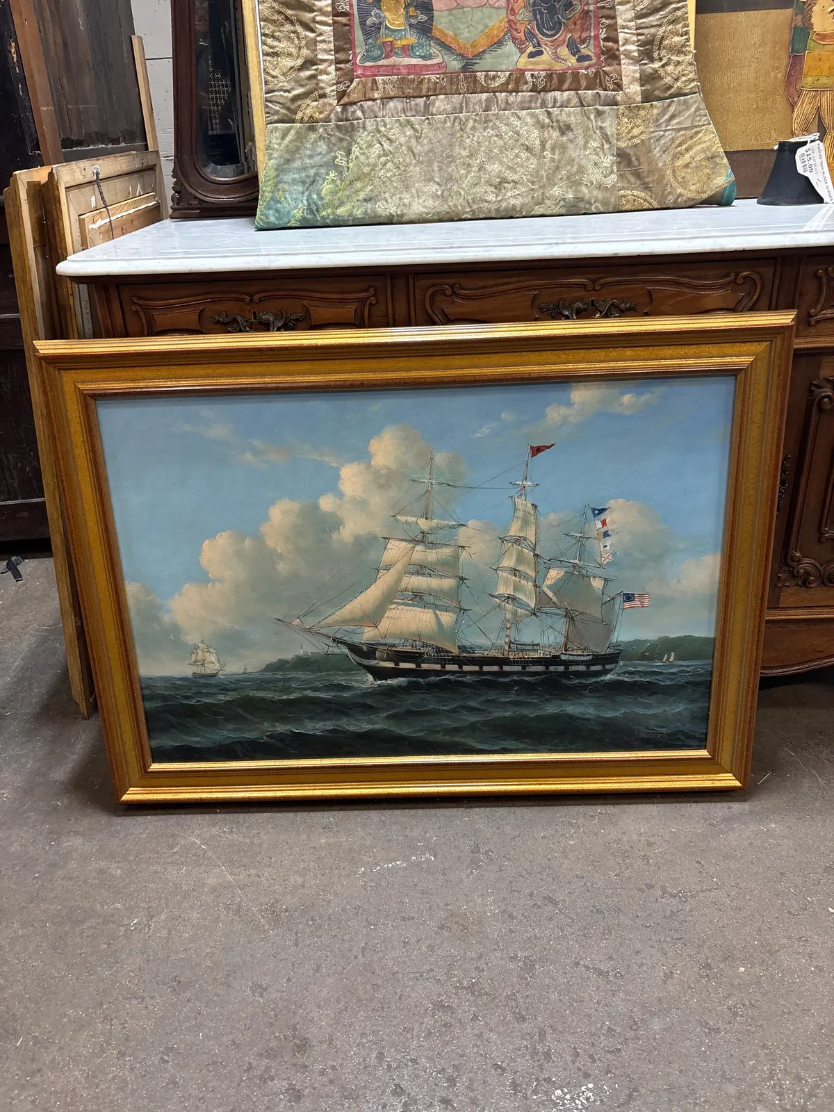 Gold Framed Seascape Oil Painting Of American Clipper Ship - Signed Robert Sanders 1