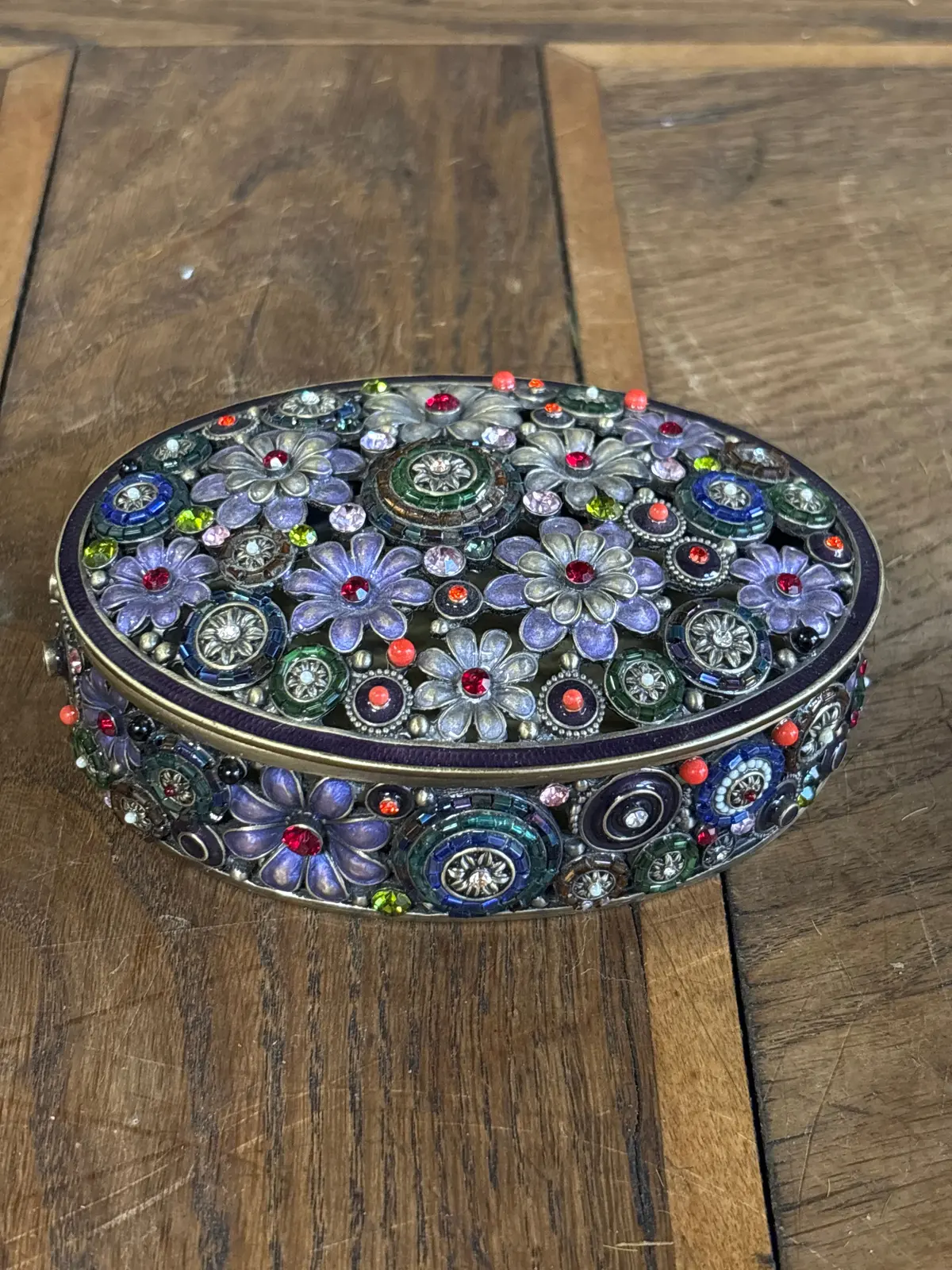 Small Oval Purple Flower Jeweled Box 1