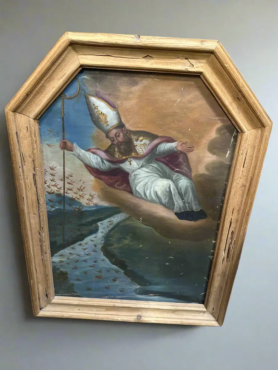 19Th Century Bishop Painting In Rustic Pine Frame 1