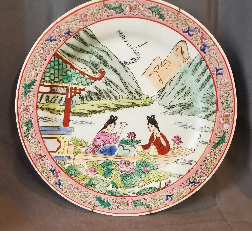 Pink Color Asian Plate With Girls On Boat 1