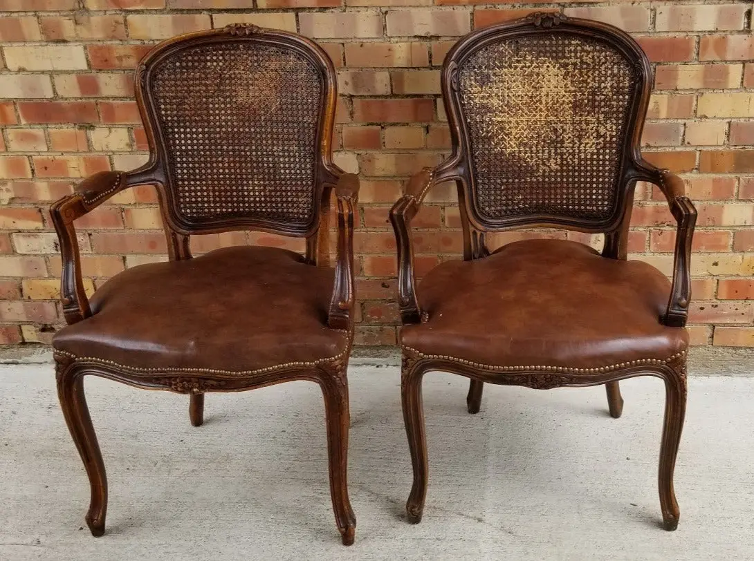 Pair Of Louis Xv Style Leather Chairs With Caned Backs 1