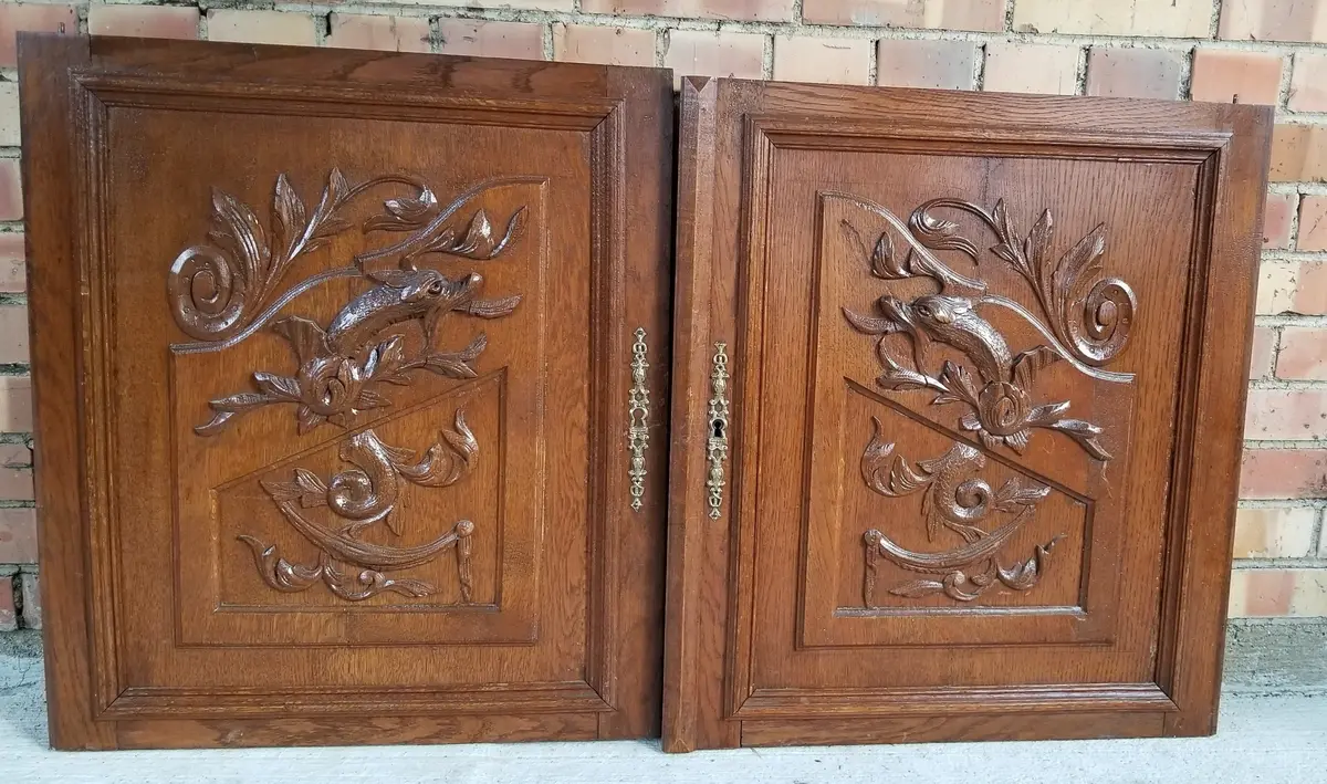 Pair Of Carved Oak Assymetrical Cabinet Doors 1