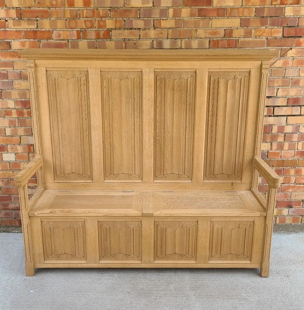 Linen Fold Raw Oak Highback Bench 1