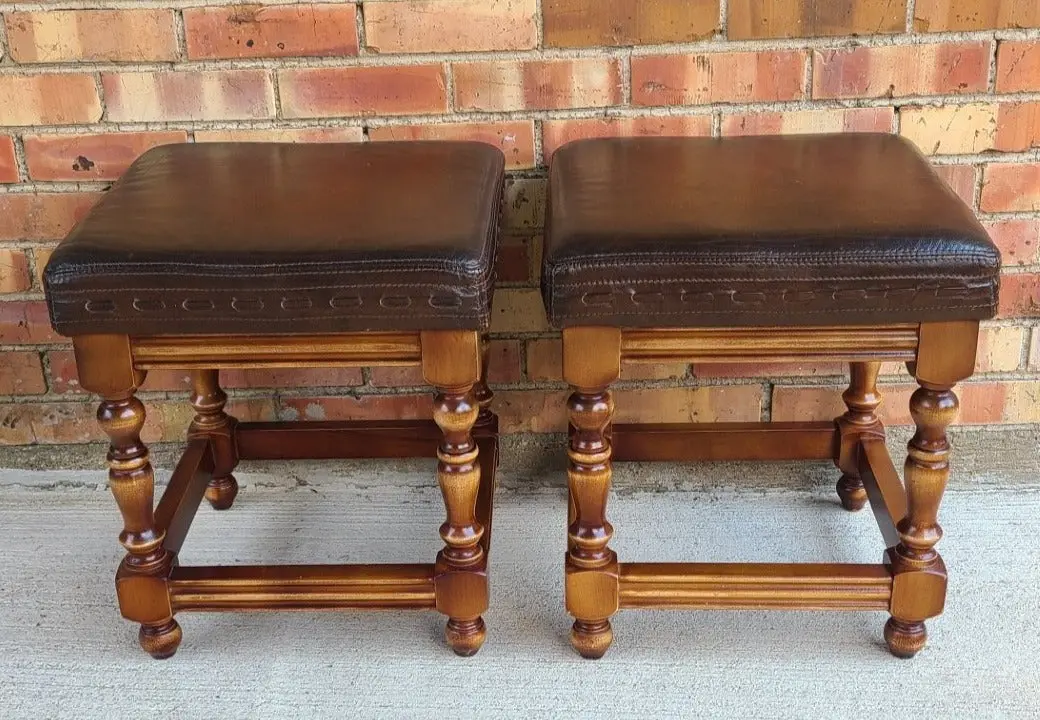 Pair Of Square Alder And Leather Stools 1