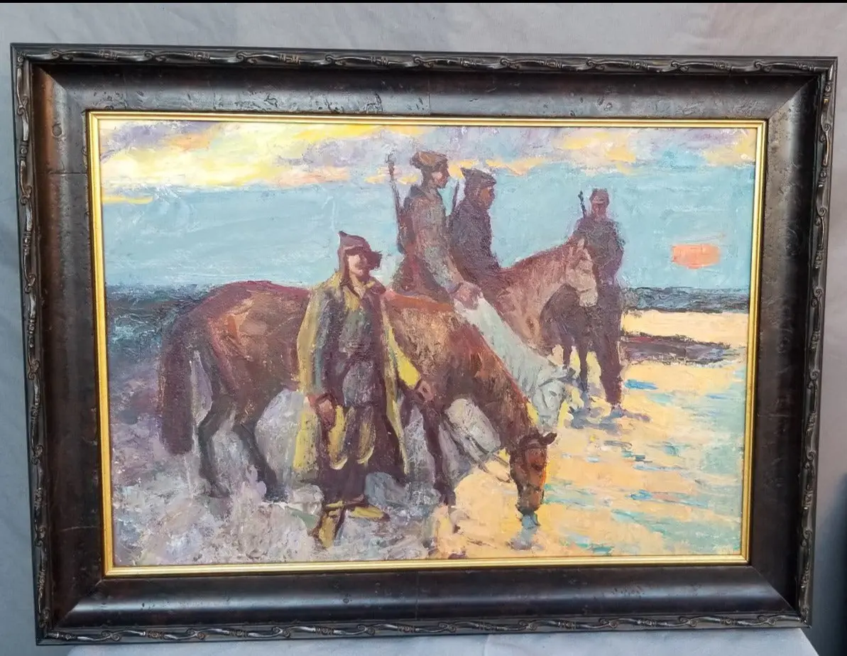 Impressionist Oil Painting Of Horsemen By The River 1