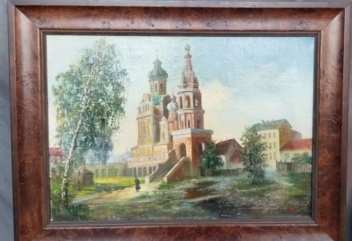 Framed Oil Painting Of A European Town With A Church 1