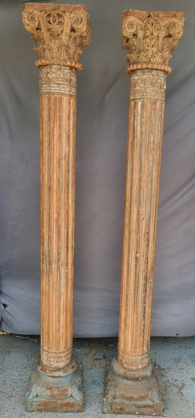 Pair Heavy Teak Columns With Bases And Carved Tops 1