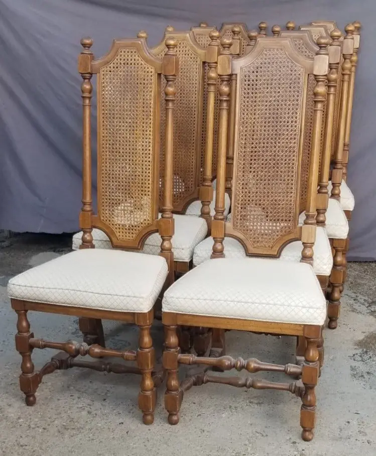 Set Of 4 Vintage 70'S High Back Block And Turn Chairs With Caning 1
