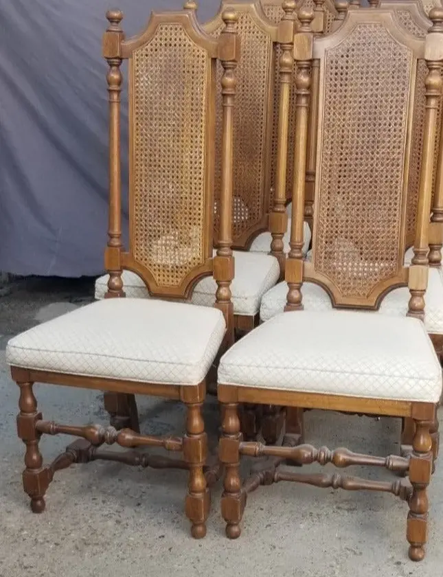 Set Of 4 Vintage 70'S High Back Block And Turn Chairs With Caning 1