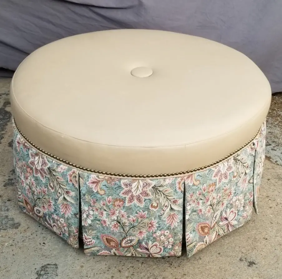 Round Ottoman With Vinyl Top And Upholstered Panels 1