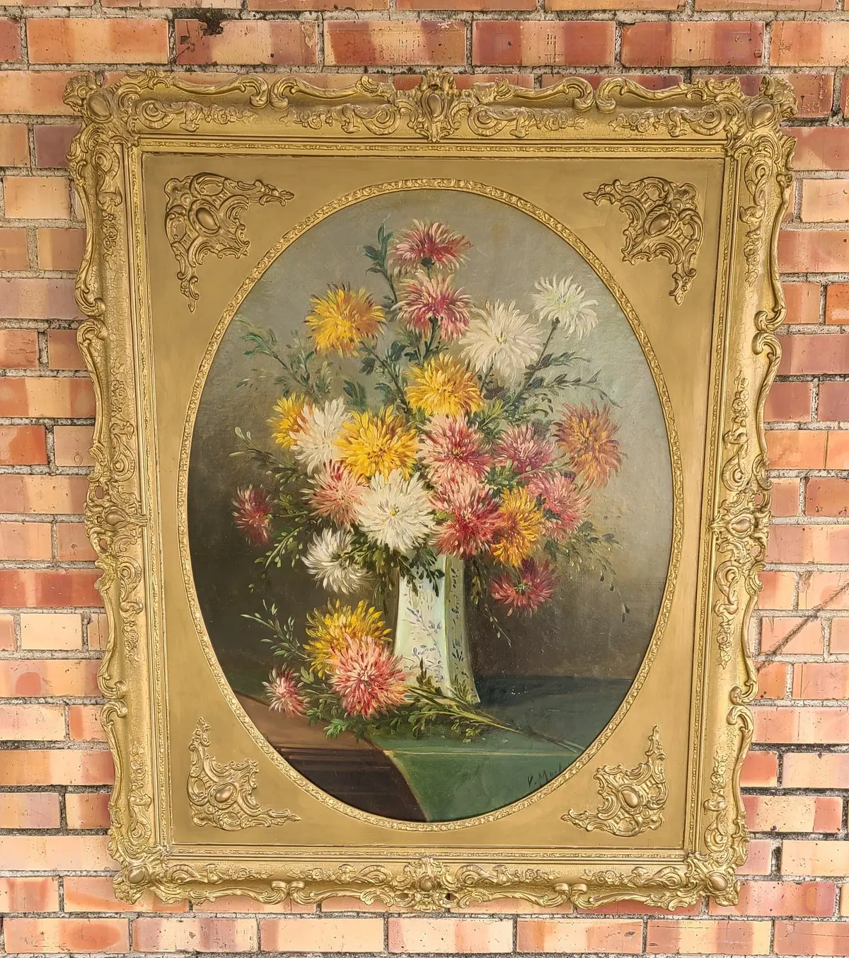 Early Ornate Frame Floral Oil Painting Of Chrysanthemums 1