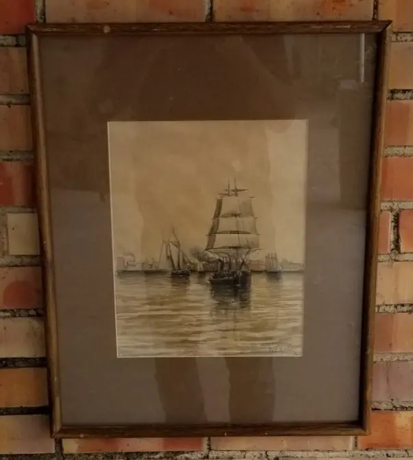 Water Color Of A Harbor With Sailboat Signed H.B. Western 1