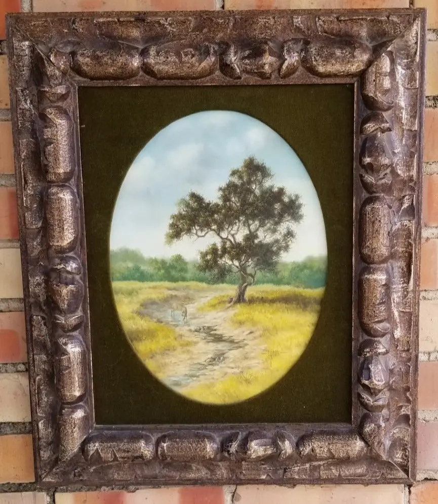 Oval Oil Painting Of Oak Tree And Deer By A Stream Signed C. Gibson 1