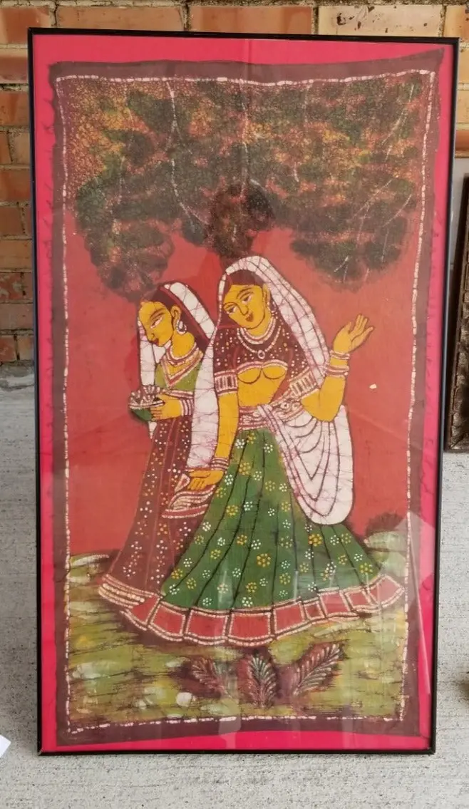 Framed Vertical Indian Ladies Painting On Fabric 1