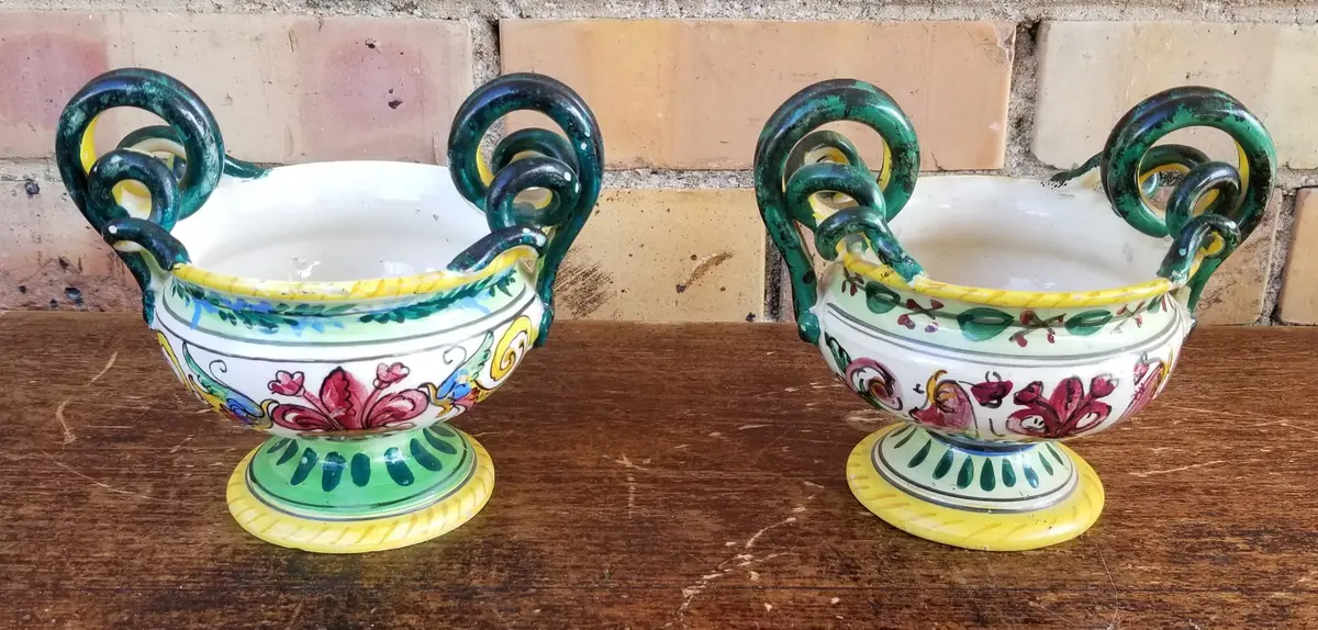 Pair Of Small Polychrome Terra Cotta Urns 1