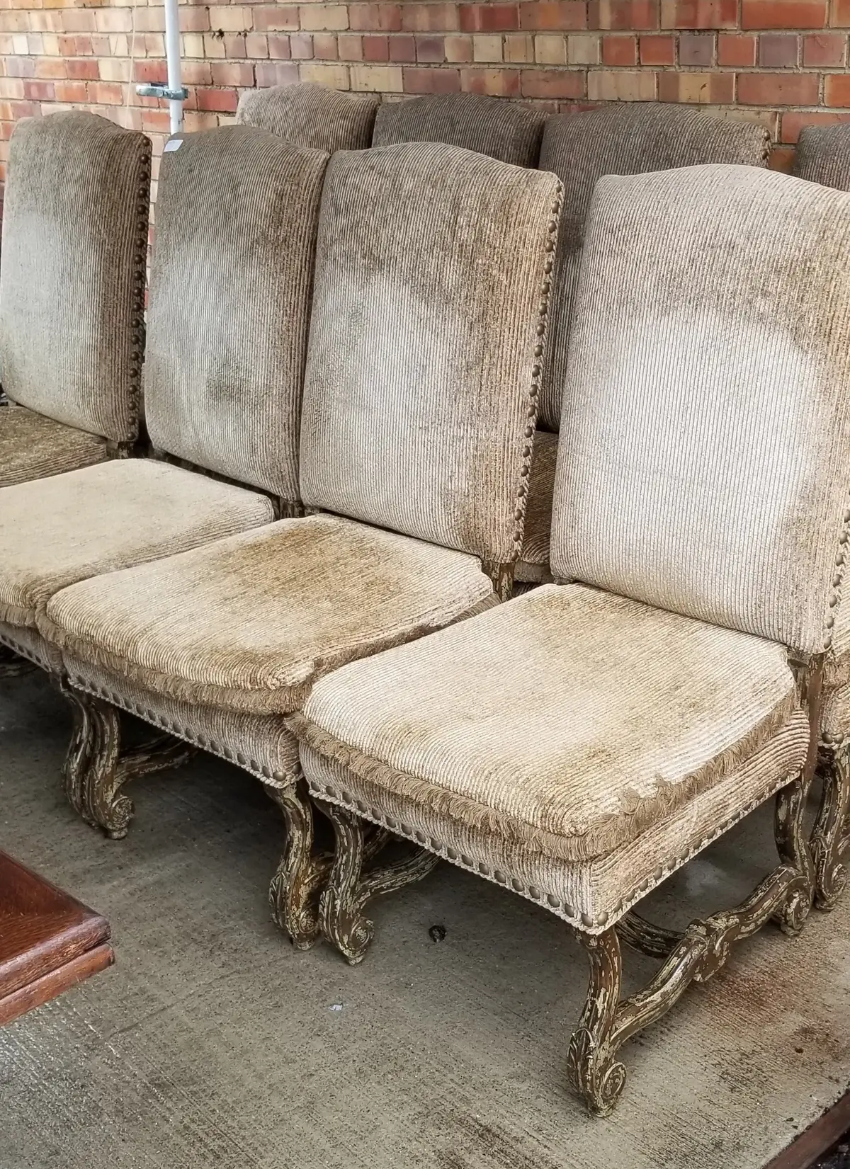 Set Of 8 Oversized Mutton Bone Chairs With Taupe Fabricand Distressed Finish-Not Old 1