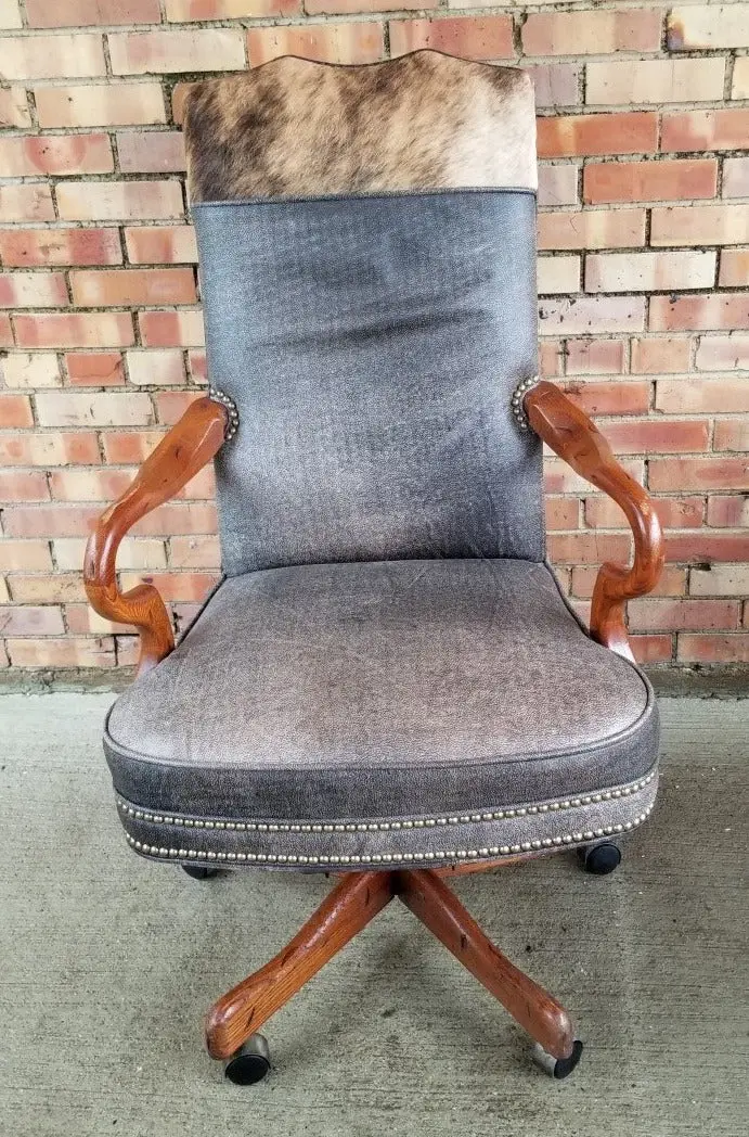 Gooseneck Arm Rolling Office Chair With Cowhide Upholtery Crest 1