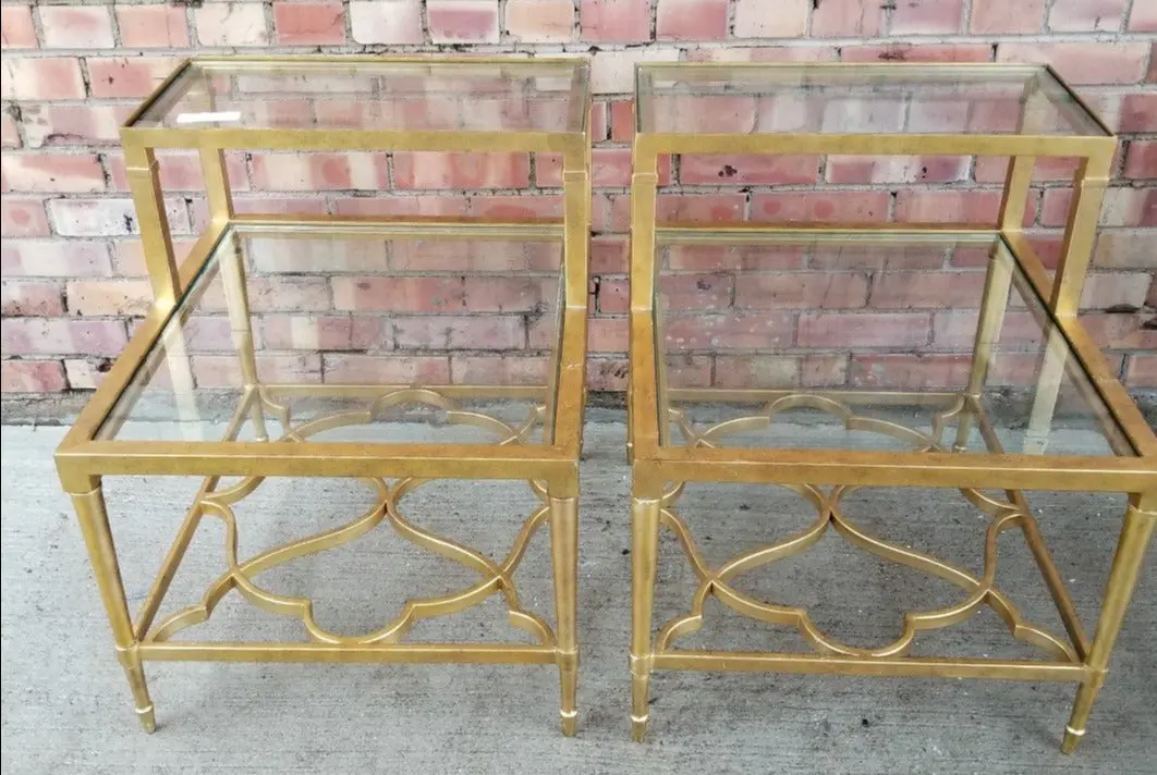 Pair Of Gilt Iron 2 Tier Glass Glass Top End Table 1