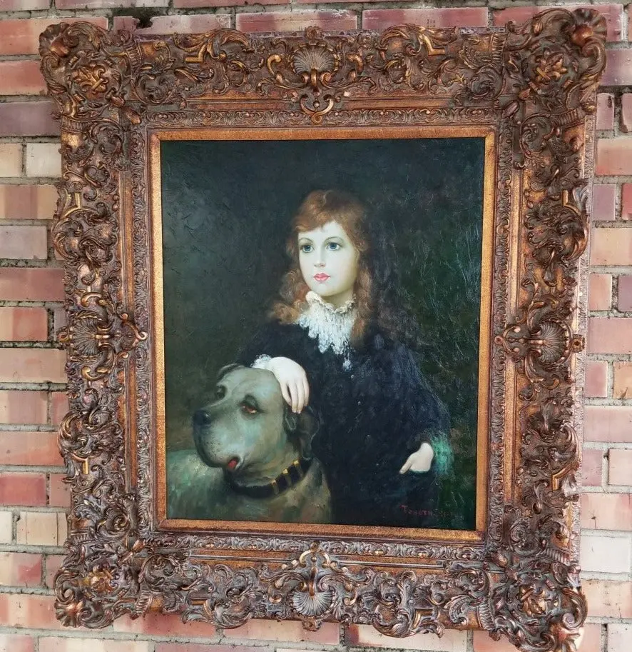 Framed Oil Painting Of A Girl And Dog 1