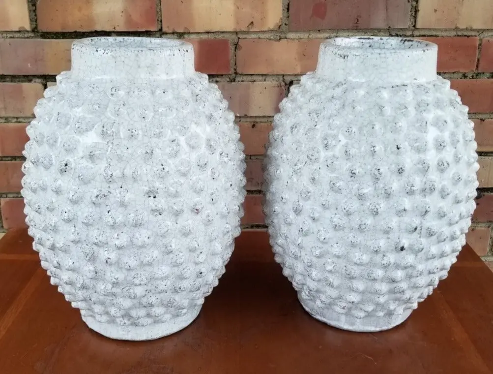 Pair Of White Glazed Knobby Pottery Vasespotter 1