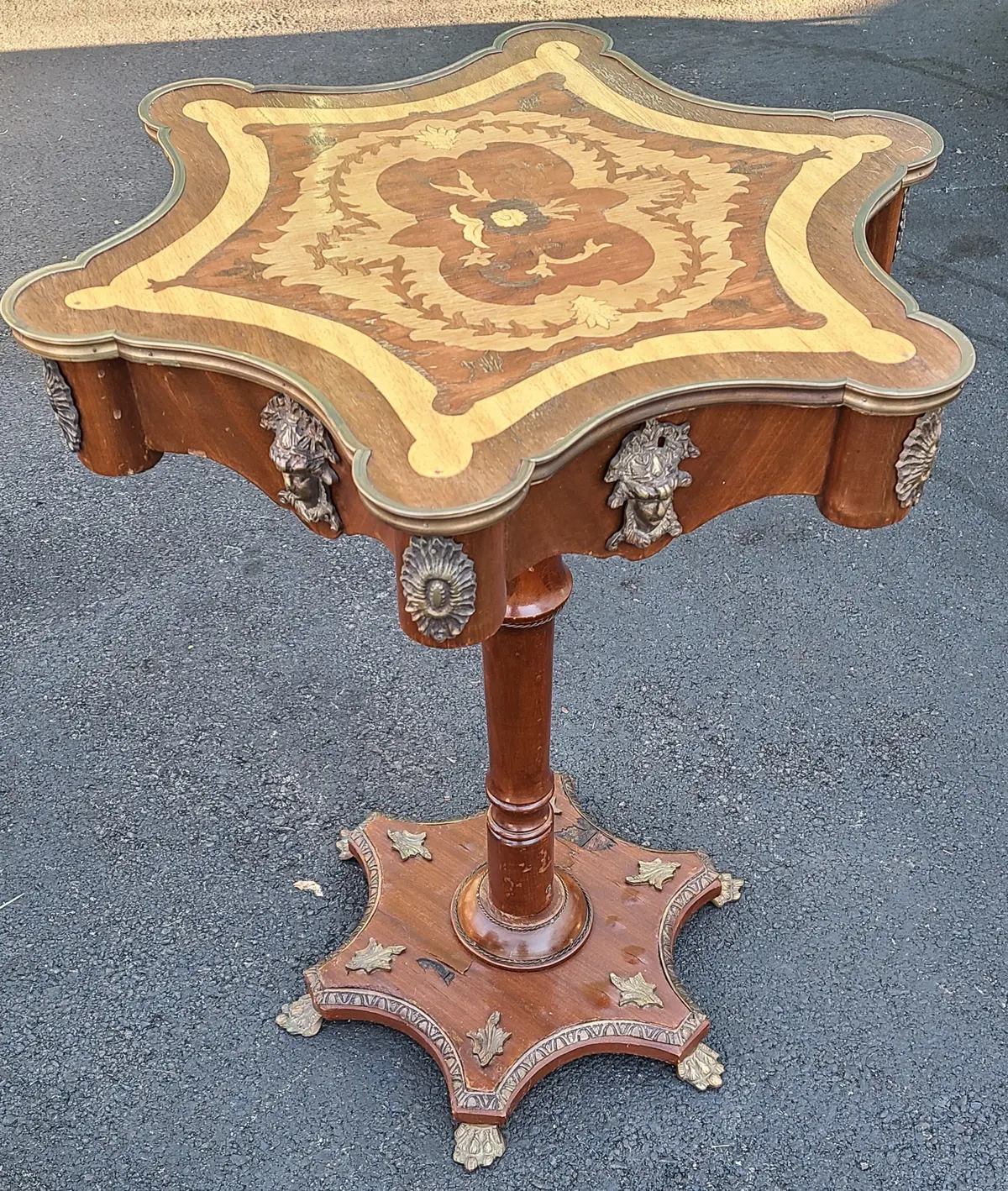 Inlaid Scalloped Top Pedestal Table With Brass Figural Ormolu 1