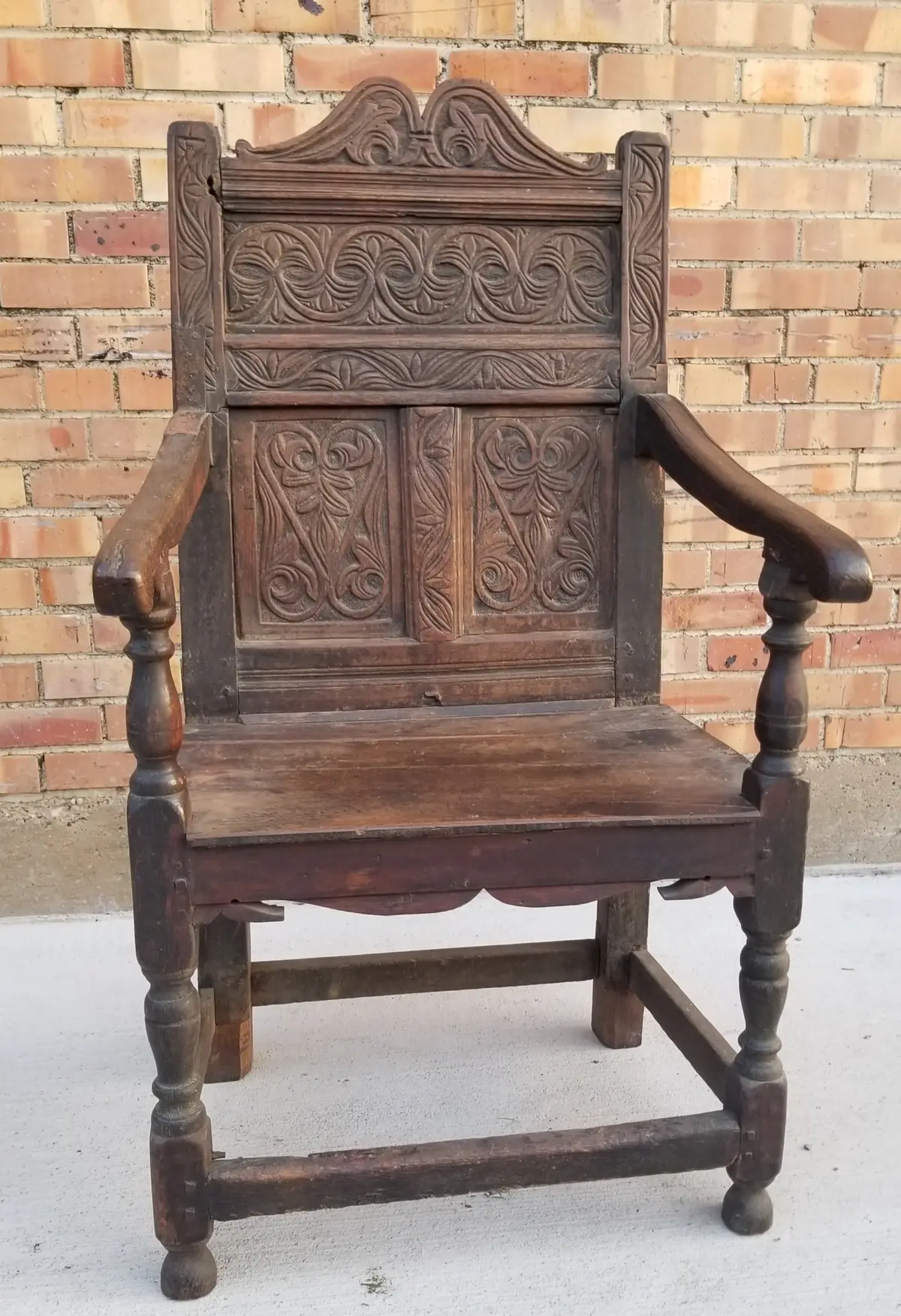 Early Fret Carved Oak High Backarm Chair 1