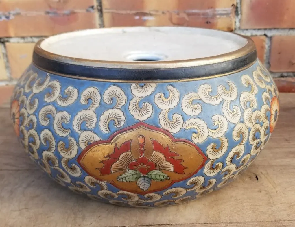 Asian Round Blue And Coral Pottery Base-As Found 1