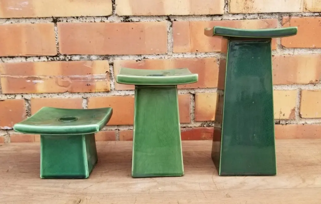 3 Piece Green Asian Pottery Candle Stands 1