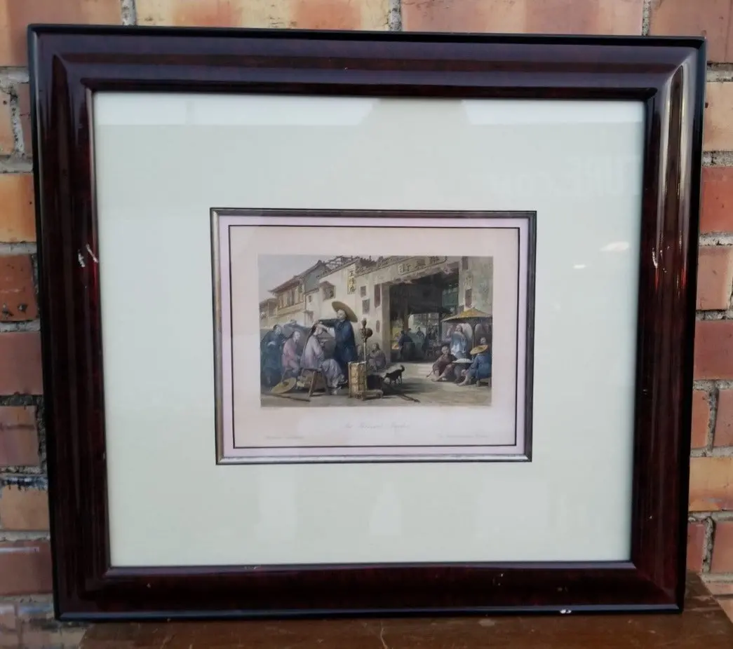 Asian Etching In Frame-Village Scene 1