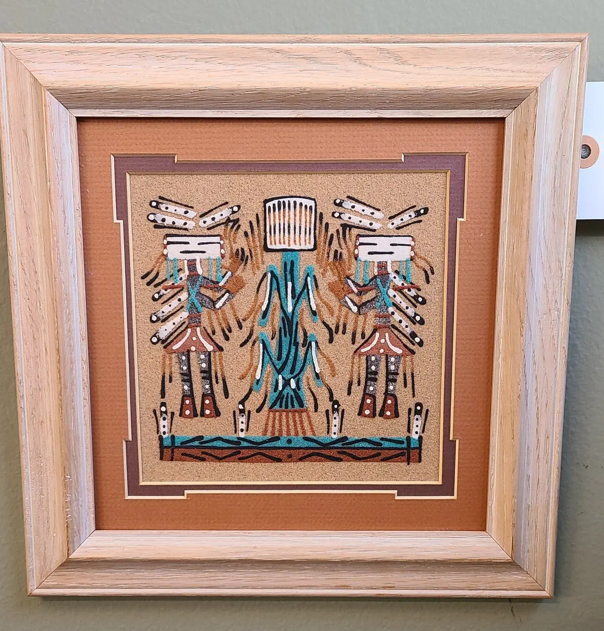 Small Navajo Sand Painting Of Single Figure With Orange Matting 1