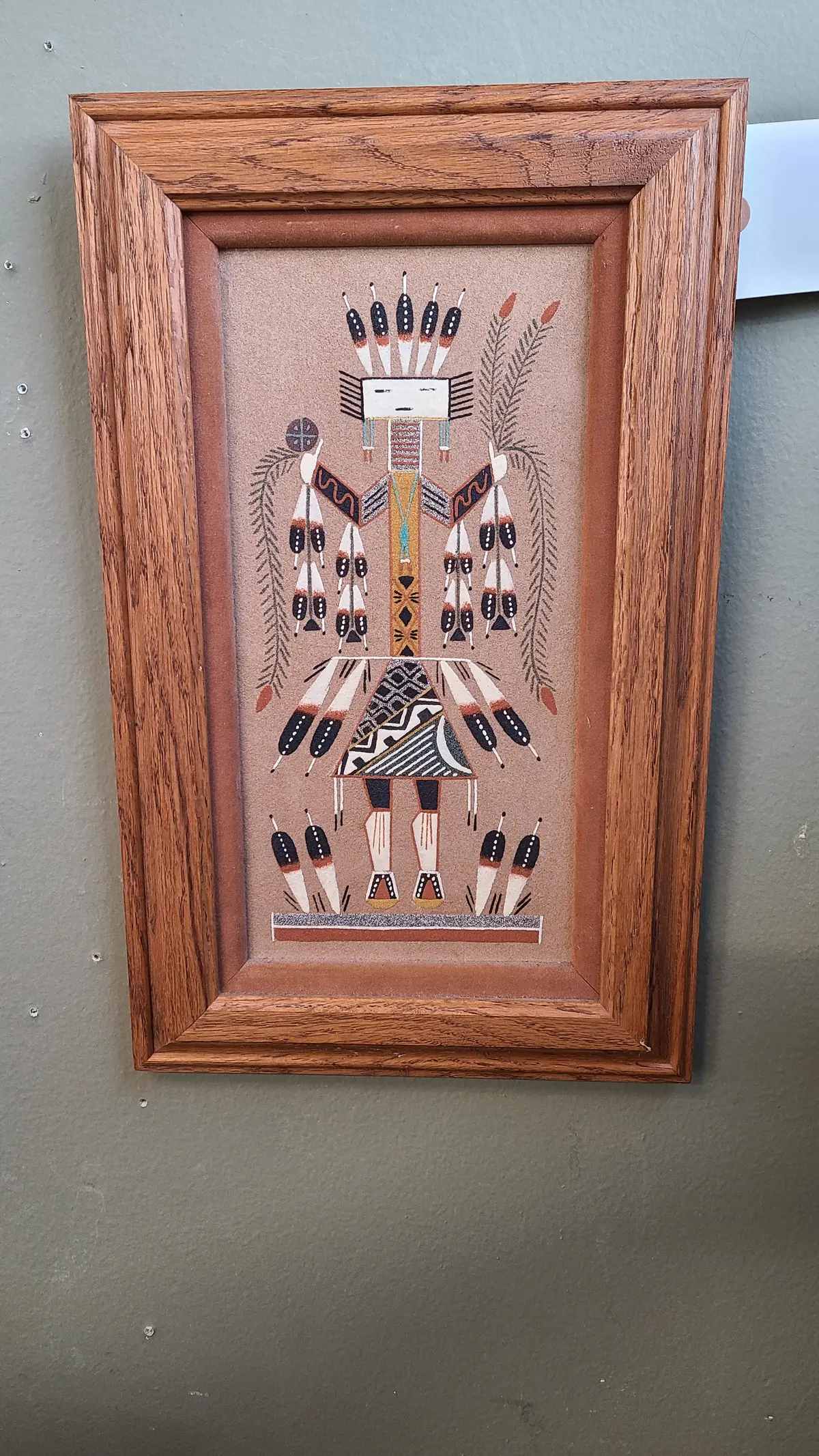 Narrow Navajo Sand Painting With Figure In Feathers 1