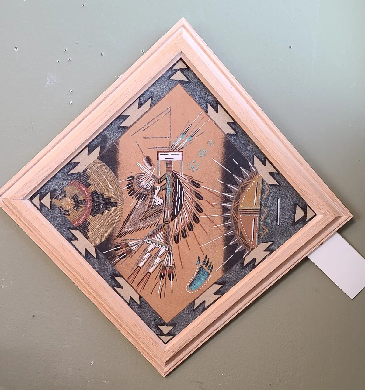 Large Navajo Sand Painting With White Wash Frame 1
