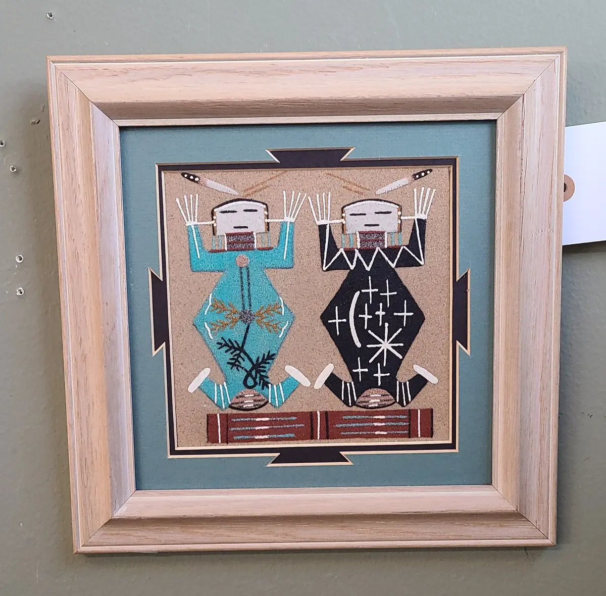 Small Navajo Sand Painting Of Single Figure With Turquoise Matting 1