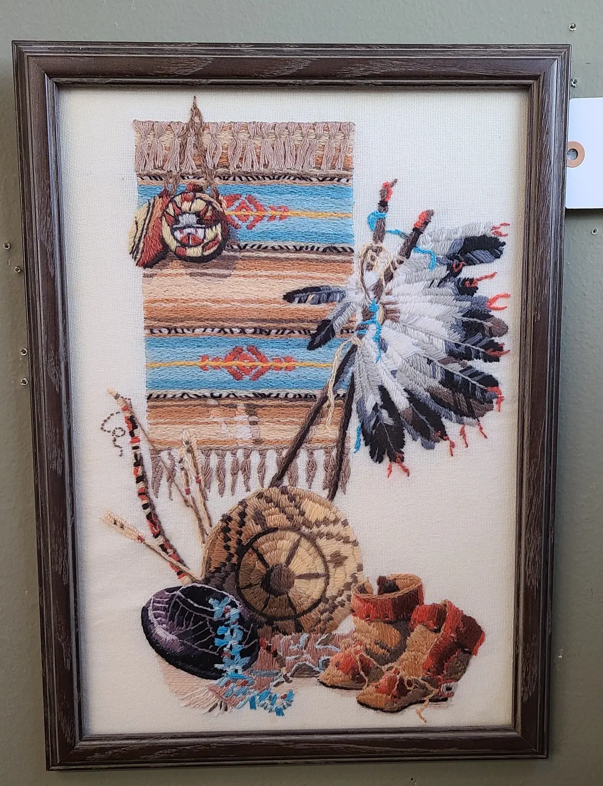 Embroidered Mix Media Native American Art With Head Dress 1