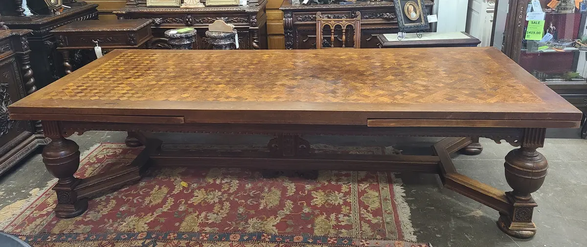 Huge Tudor Oak Parquet Top Draw Leaf Table 1