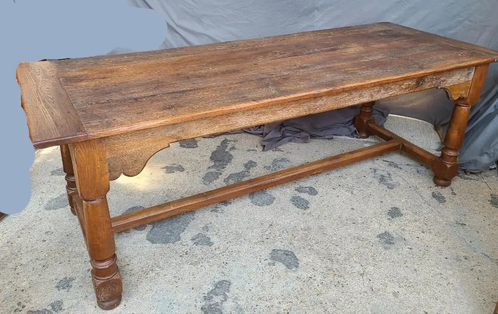 Large 19Th Century Dark Oak Harvest Table With Breadboard Ends 1