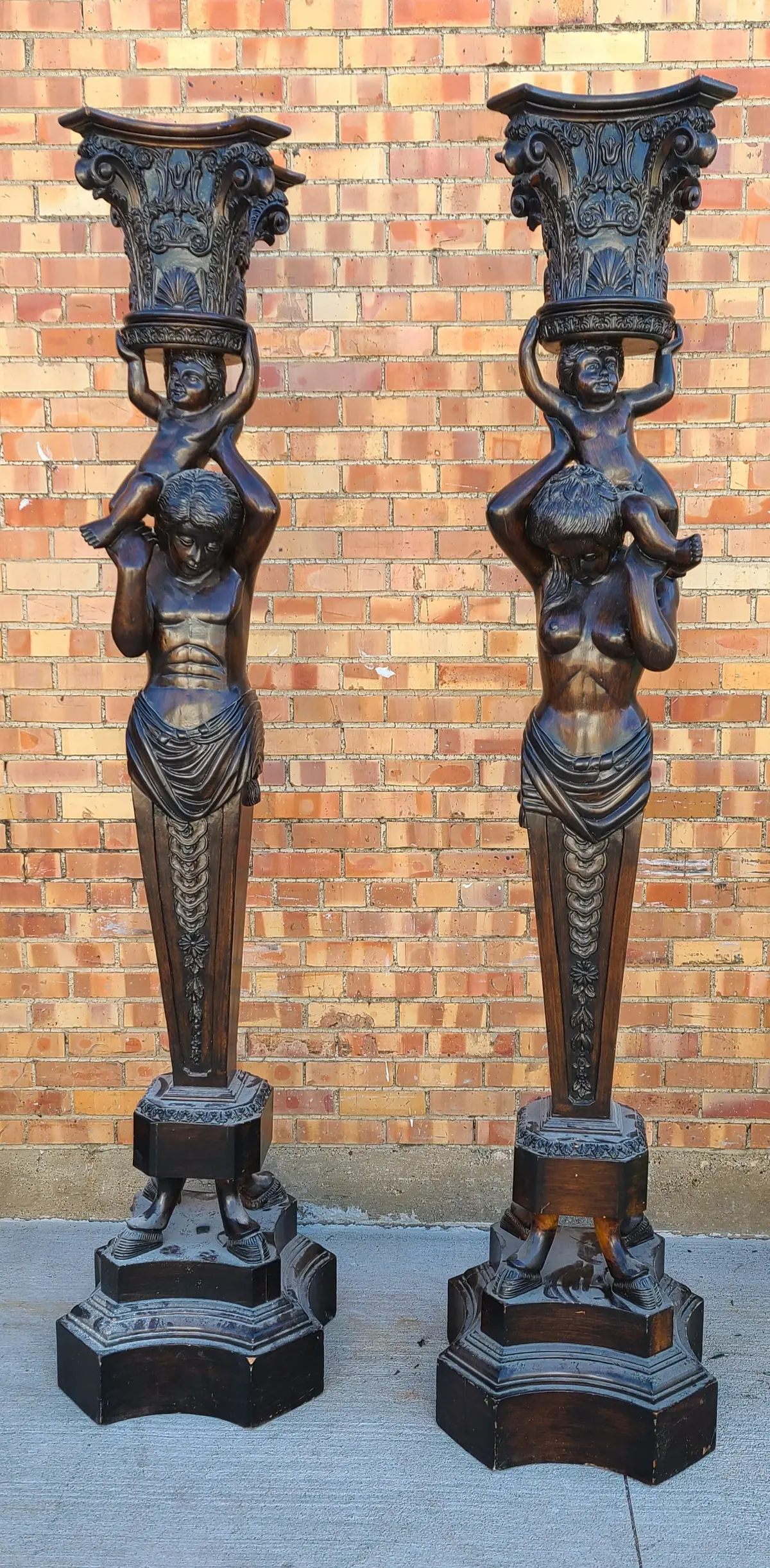 Pair Of Large Mahogany Pedestals Or Figural Plant Stands 1