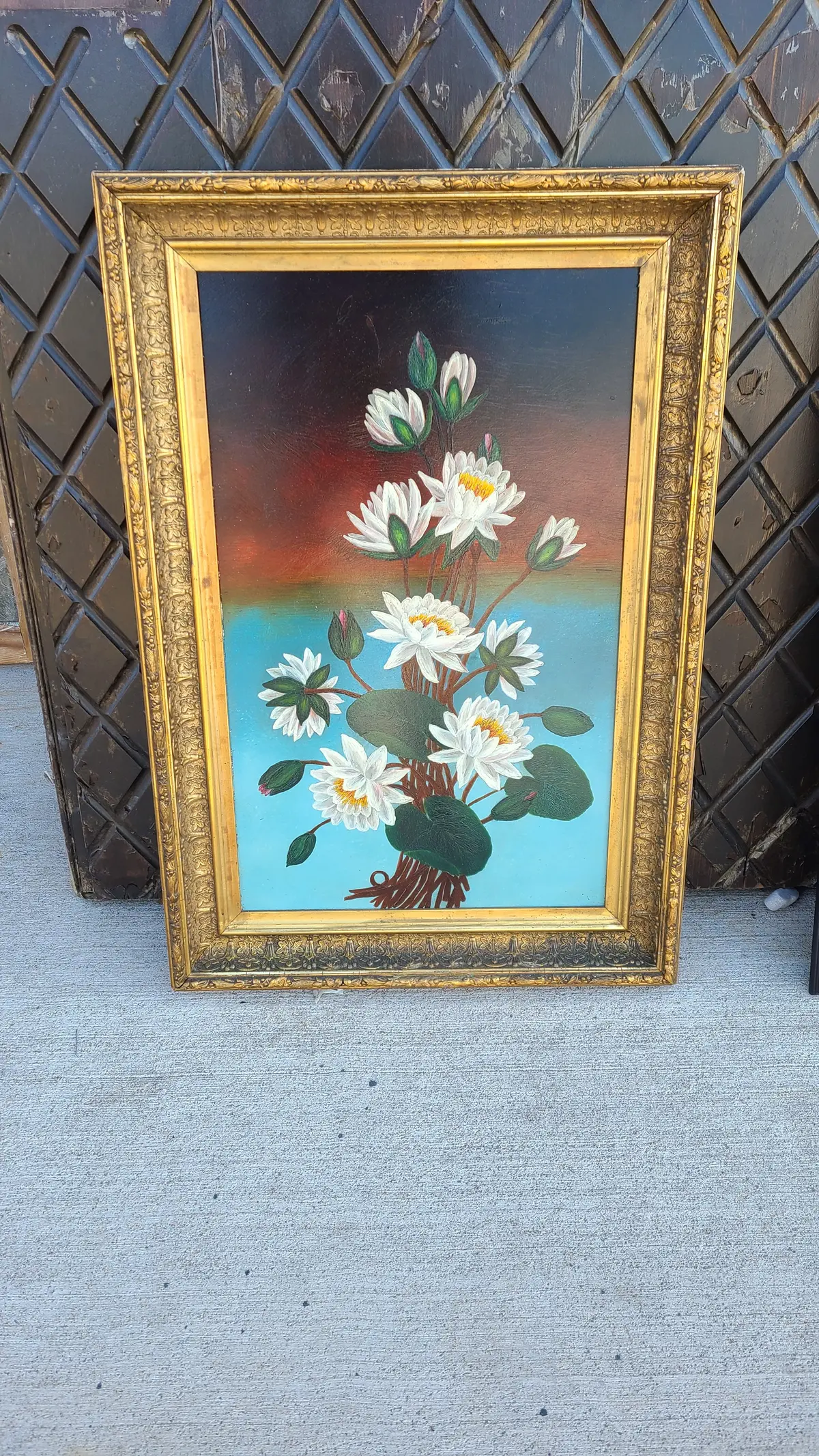 Vertical Oil Painting Of Blooming Water Lilies In Antique Frame 1