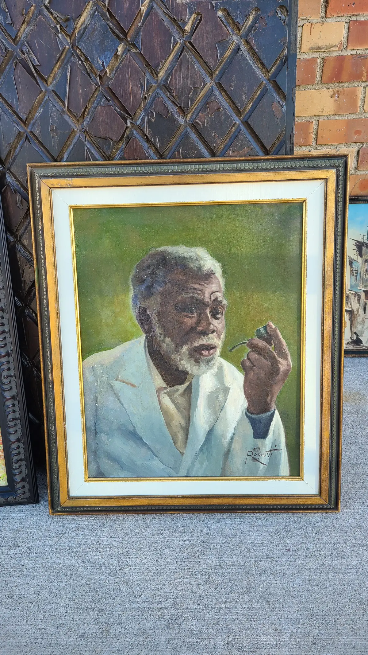 Framed Oil Painting Of An African American Man With A Pipe Signed Roberts 1