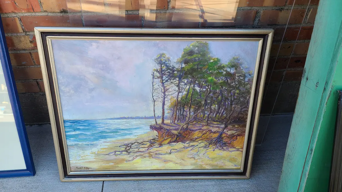 Framed Oil Painting Of A A Lake Shore With Tree Roots Signes Wendell Rogers 1
