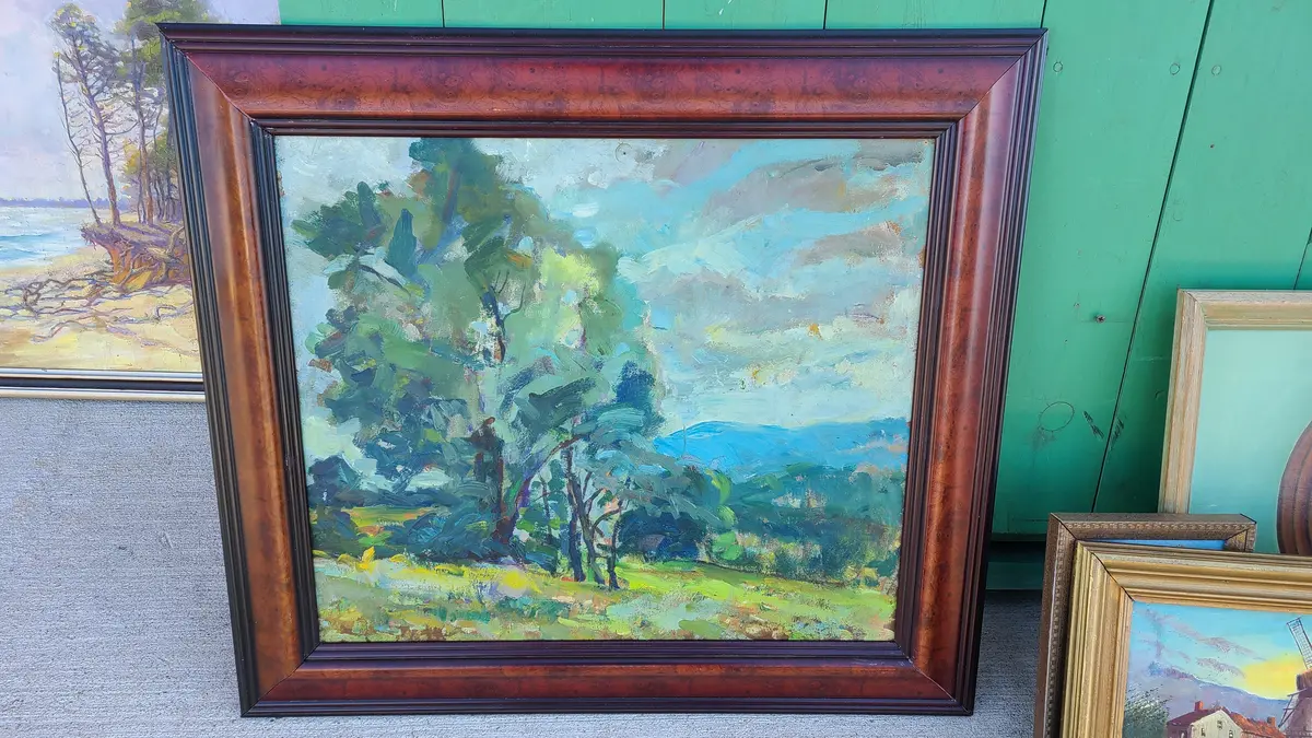 Burled Framed Impressionist Oil Painting Of  Blue And Green Trees 1