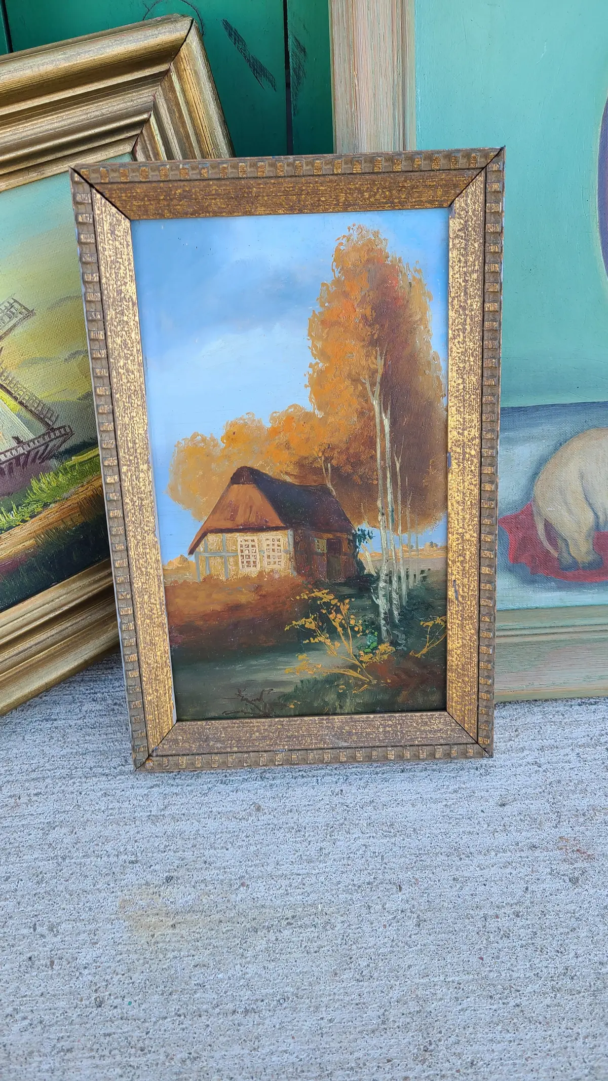 Tiny Oil Painting Of Thatched Roof House 1